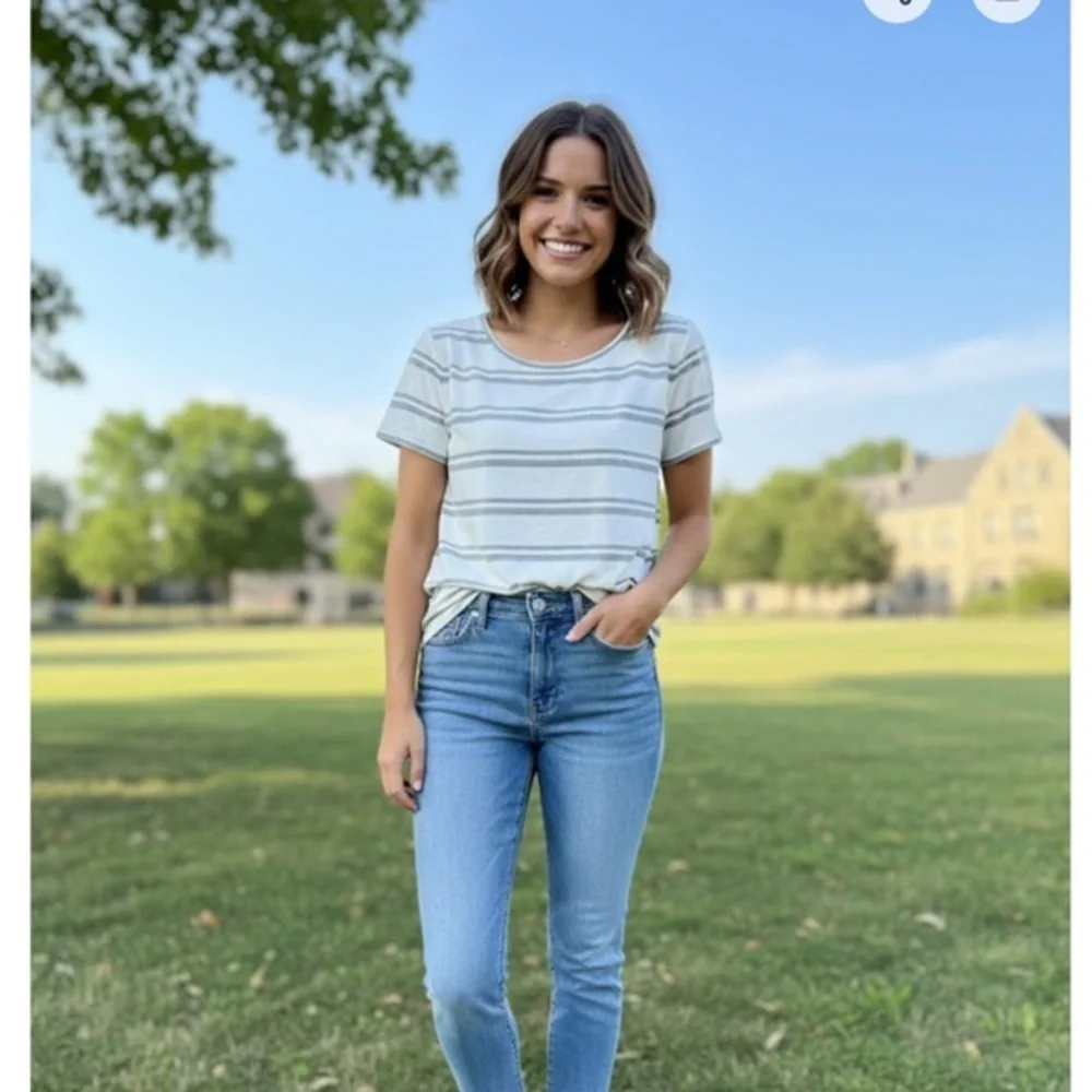 Pink Clover White and Gray Striped Top - Picture 1 of 9
